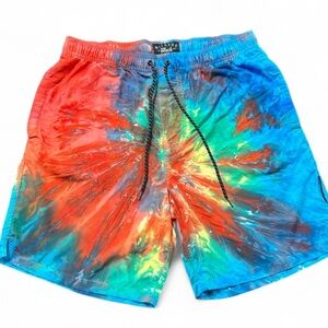NITROUS BLACK Red and Blue Swim Trunks Vibrant Tie-Dye Design S